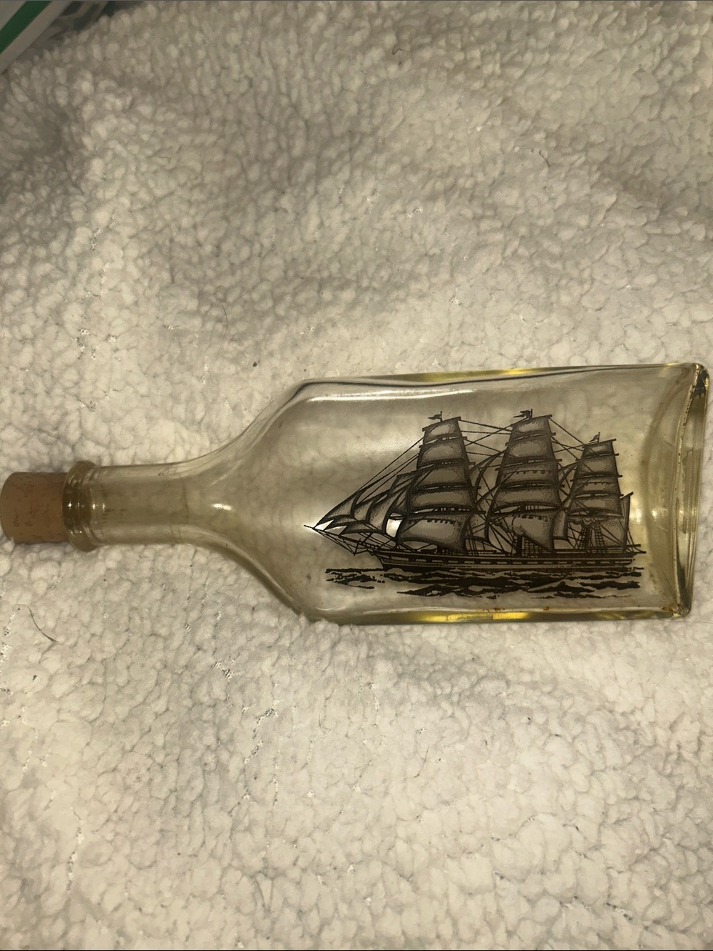 Avon Glass Ship-in-Bottle with Black Sailing Ship Graphic